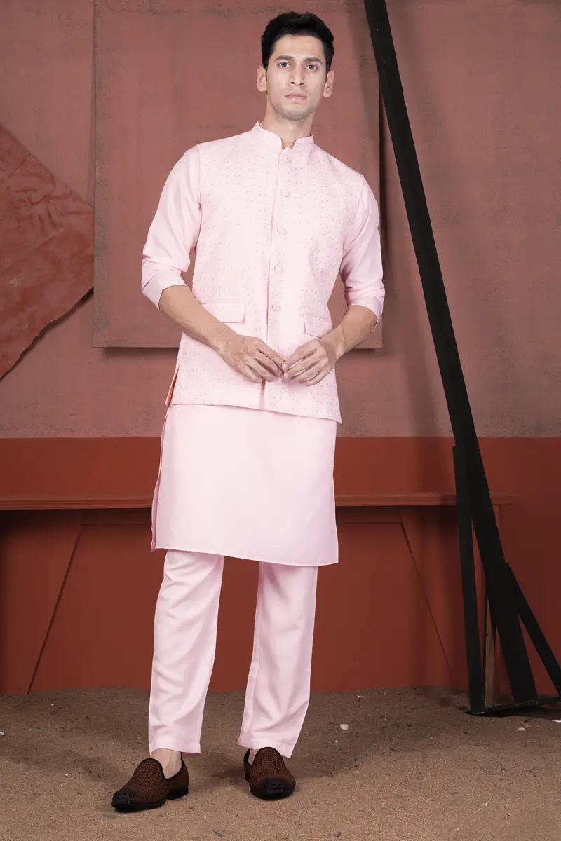 Blush Peach Viscose Embroidered With Tikki Work Designer Nehru Jacket 7