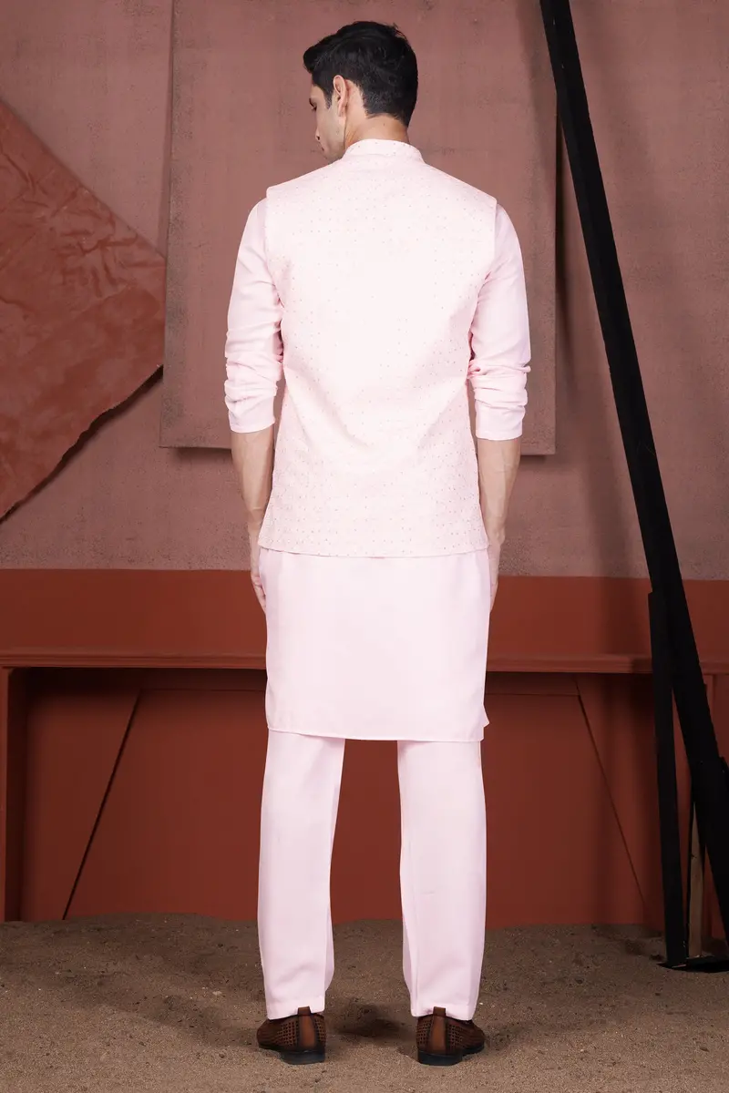 Blush Peach Viscose Embroidered With Tikki Work Designer Nehru Jacket 8