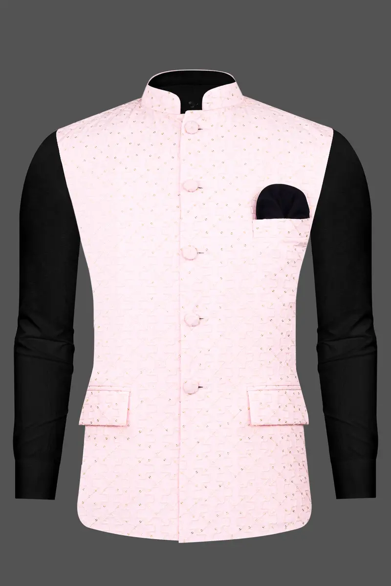 Blush Peach Viscose Embroidered With Tikki Work Designer Nehru Jacket 9