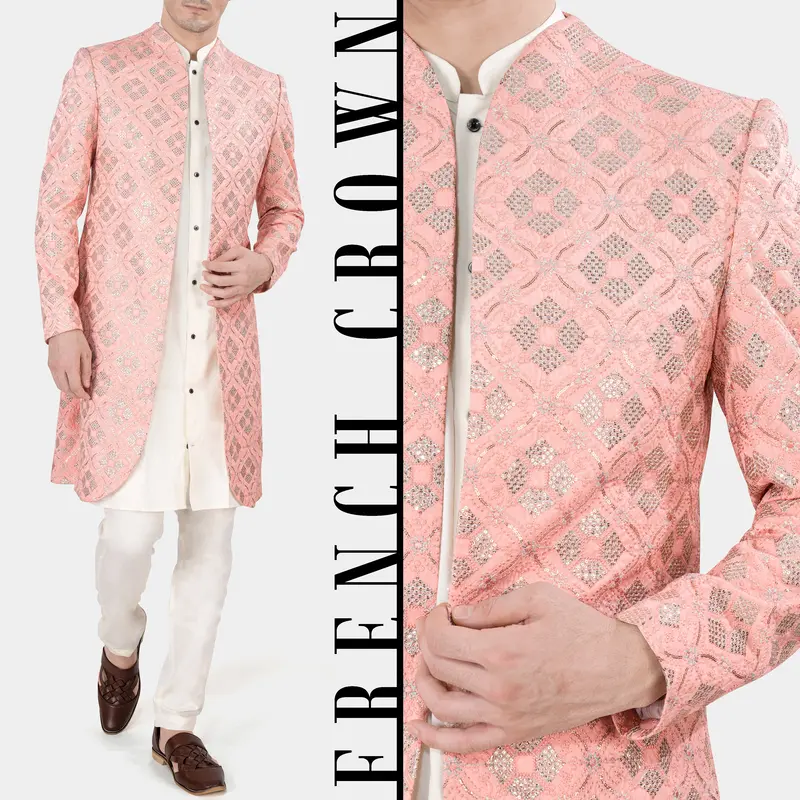 Blush Pink And Alabaster Cream Embroidered With Sequins Work Indo Western With Kurta And Pant Set 1