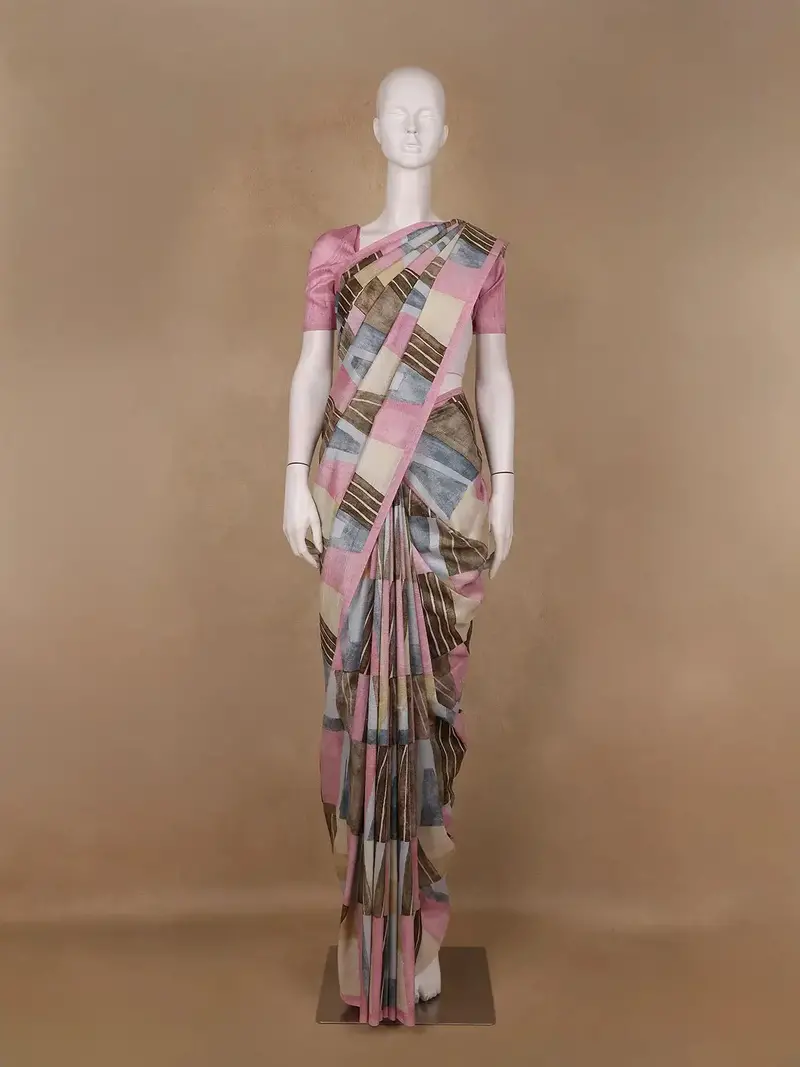 Blush Pink And Earthy Tones Abstract Printed Semi Tussar Silk Saree 1
