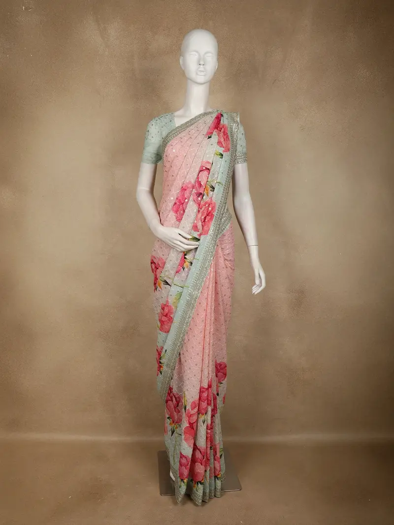 Blush Pink And Grey  Floral Sequins Embellished Design Georgette Saree With Embroidered Border 1