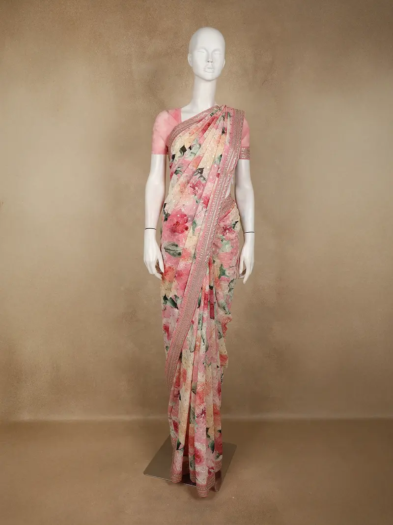 Blush Pink And Grey  Floral Sequins Embellished Design Georgette Saree With Embroidered Border 1