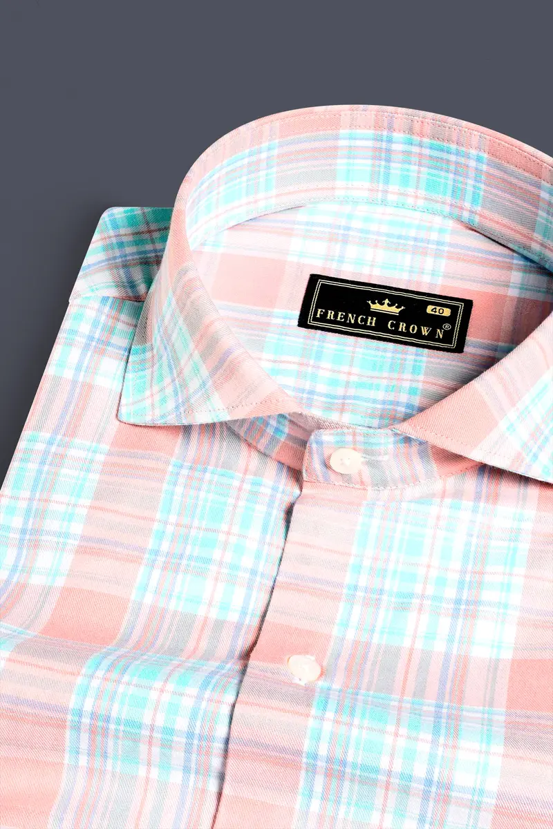 Blush Pink And Turquoise Blue Twill Plaid Premium Cotton Shirt 1