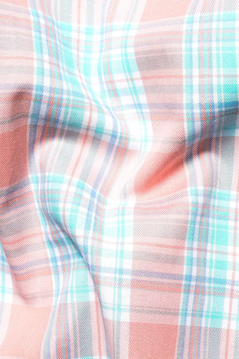 Blush Pink And Turquoise Blue Twill Plaid Premium Cotton Shirt 2