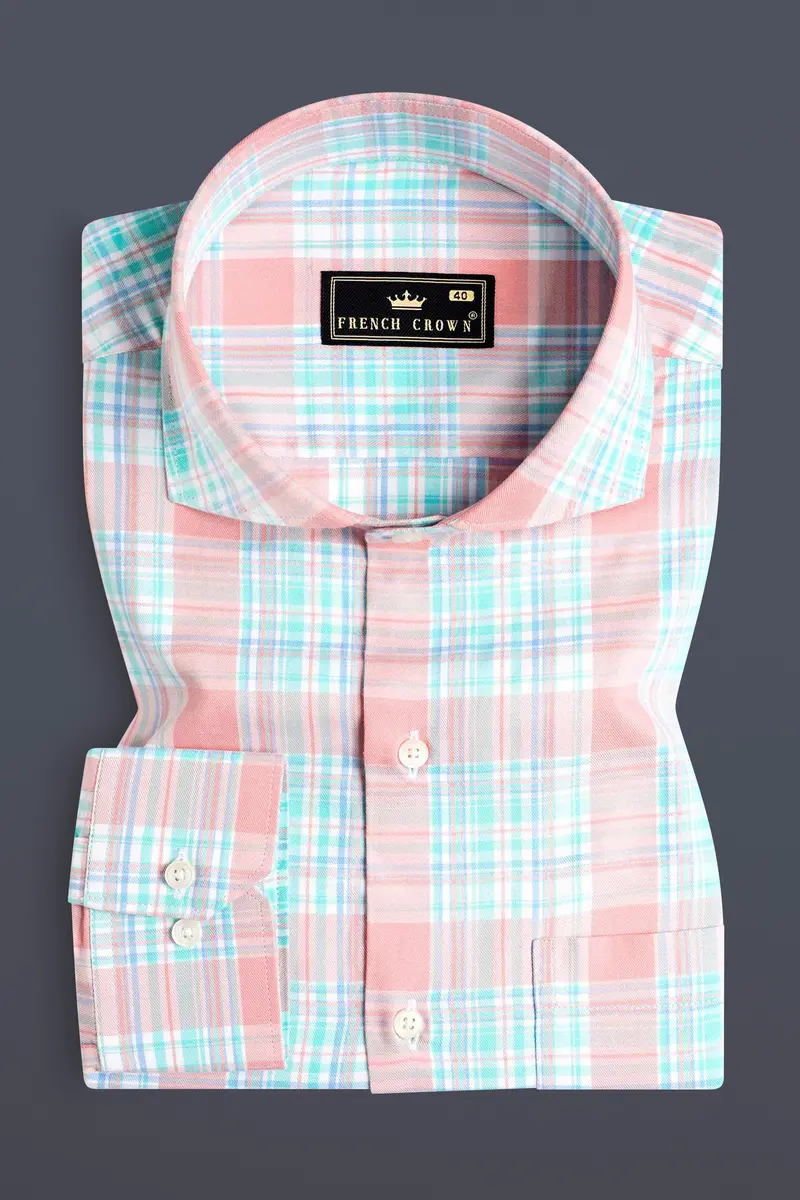 Blush Pink And Turquoise Blue Twill Plaid Premium Cotton Shirt 3