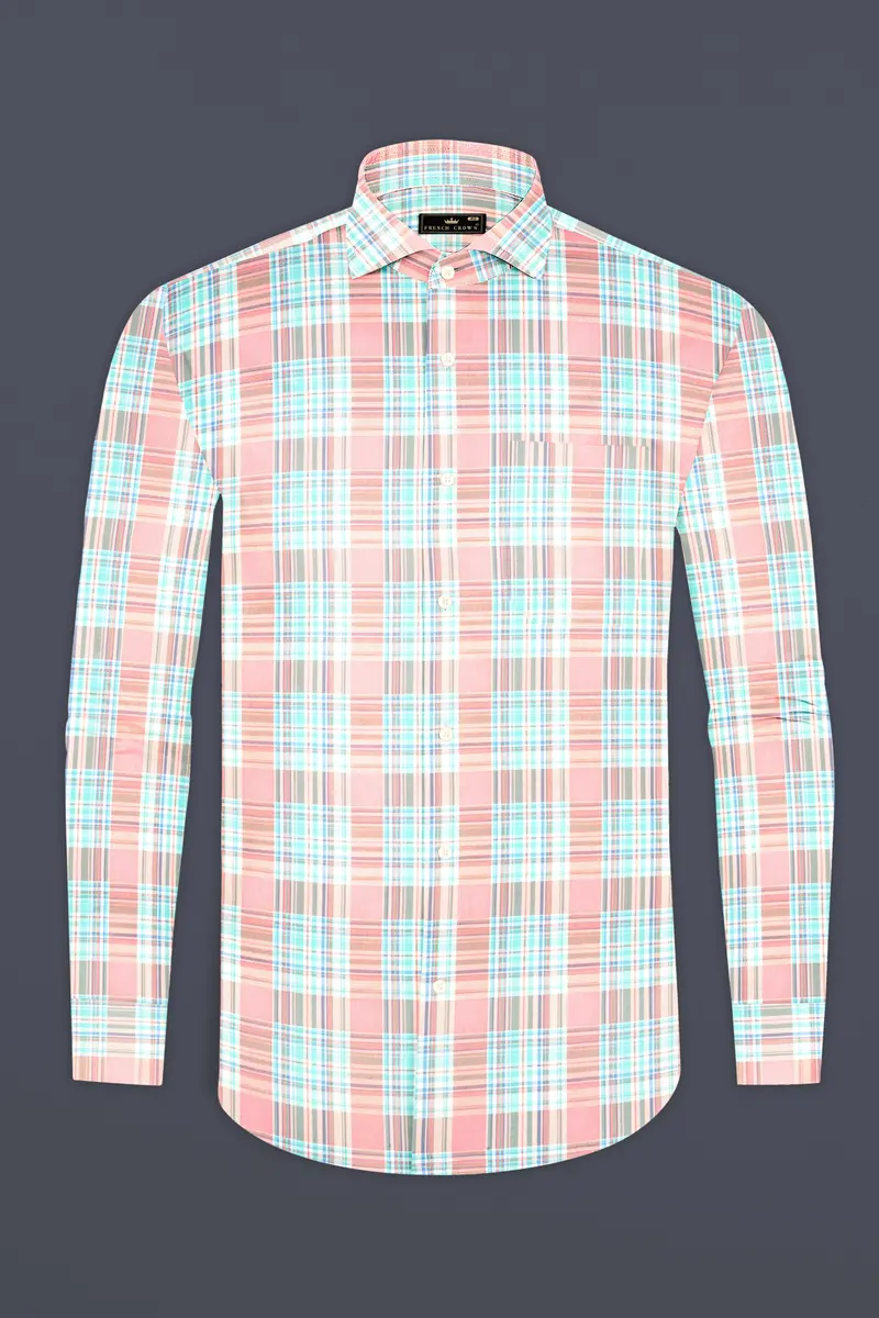Blush Pink And Turquoise Blue Twill Plaid Premium Cotton Shirt 4