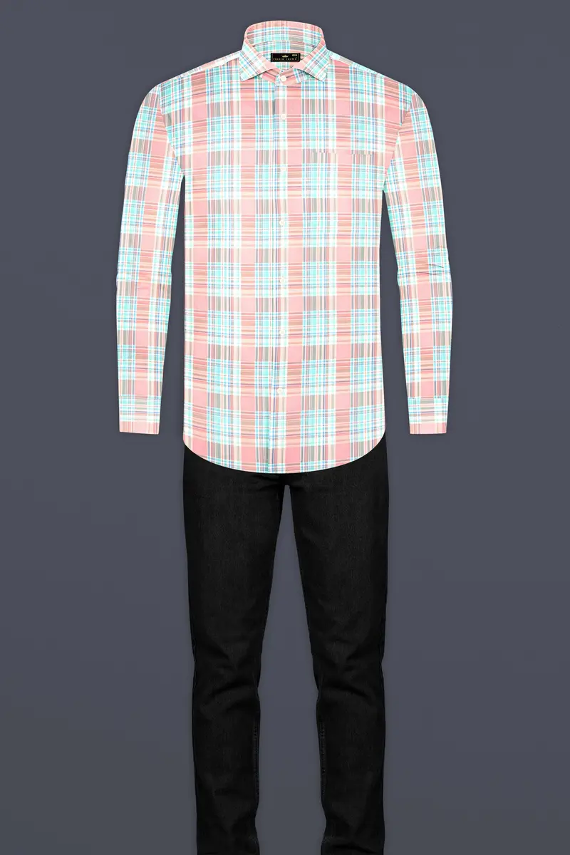 Blush Pink And Turquoise Blue Twill Plaid Premium Cotton Shirt 6