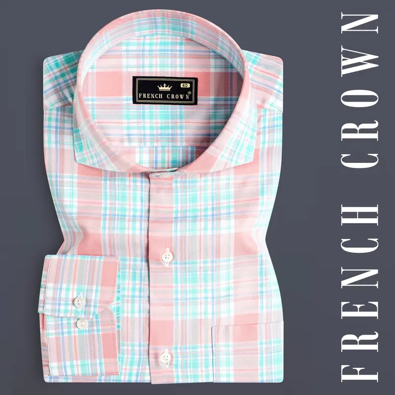 Blush Pink And Turquoise Blue Twill Plaid Premium Cotton Shirt 7
