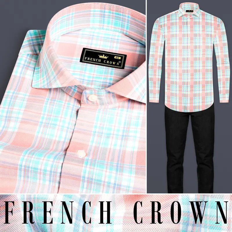 Blush Pink And Turquoise Blue Twill Plaid Premium Cotton Shirt 8