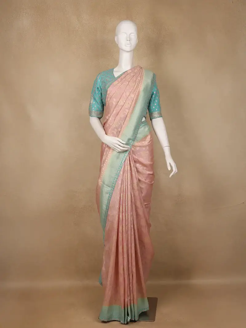 Blush Pink Floral Design Banarasi Silk Saree 1