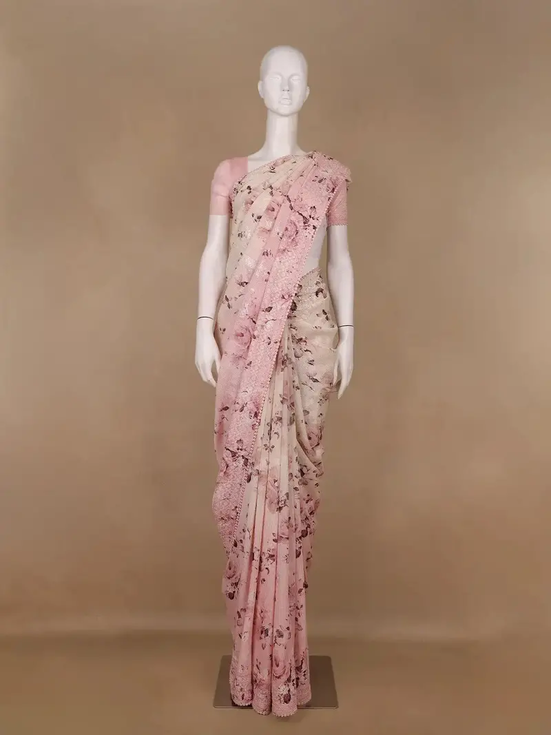 Blush Pink Floral Design Printed Chiffon Saree 1