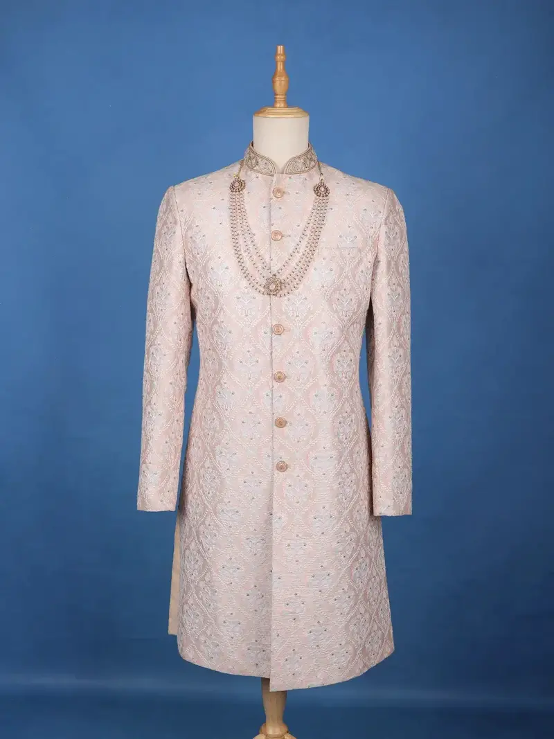 Blush Pink Floral Embroidered Cotton Sherwani 1