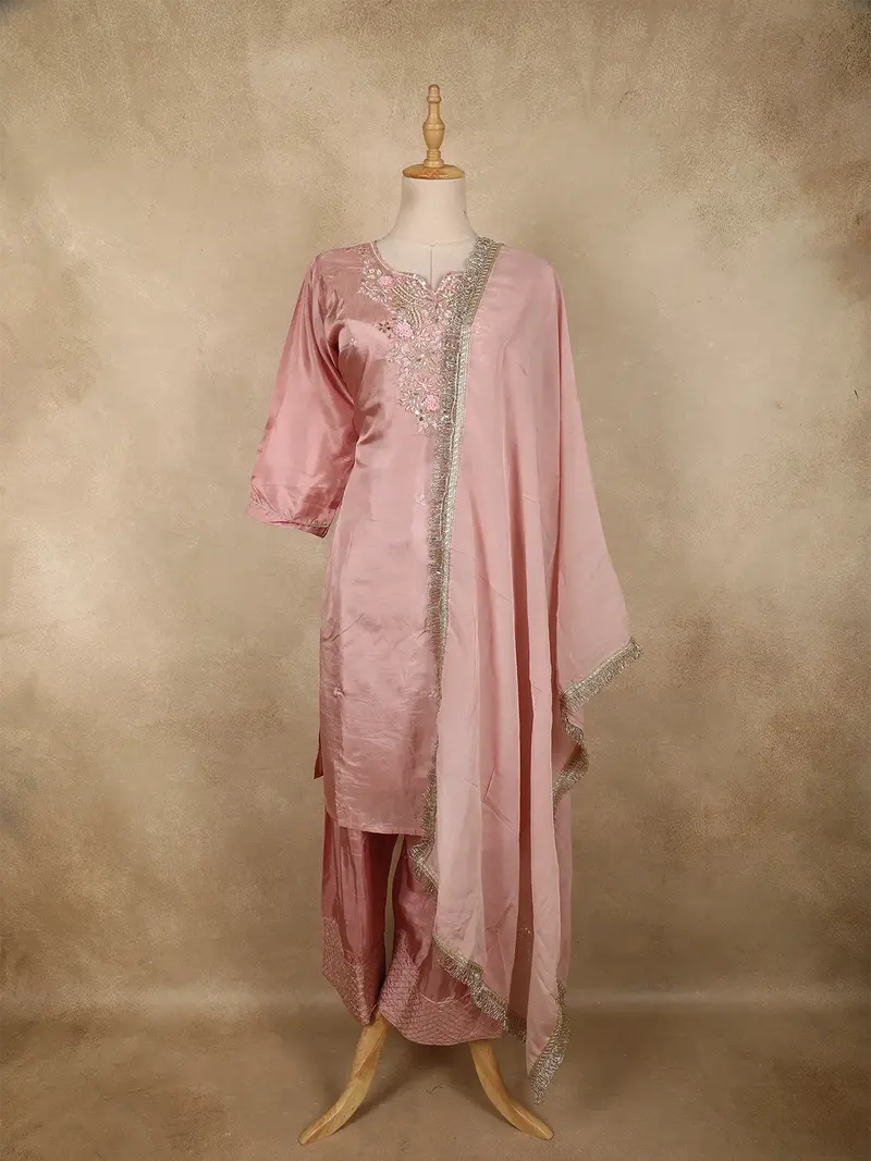 Blush Pink Floral Embroidered Design Tissue Silk Palazzo Suit With Dupatta 1