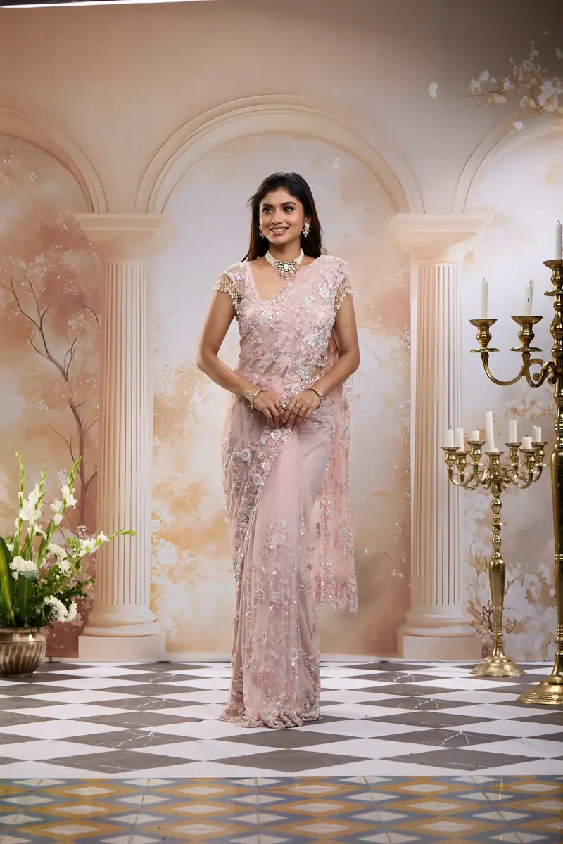 Blush Pink Floral Embroidered Net Saree With Pearl Tassel Blouse 1