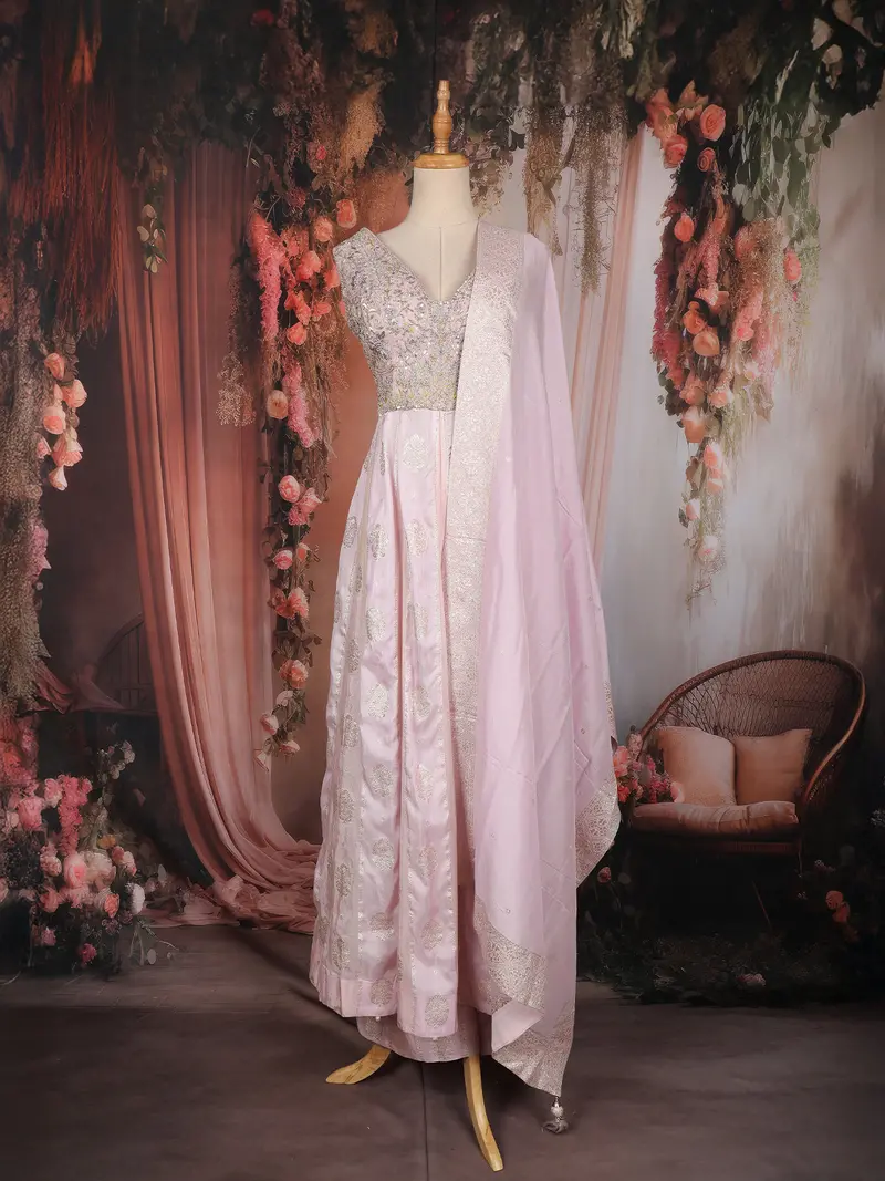Blush Pink Floral Embroidered Tissue Silk Palazzo Suit With Dupatta 1