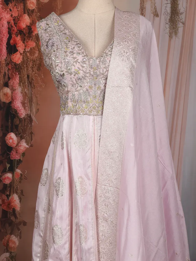 Blush Pink Floral Embroidered Tissue Silk Palazzo Suit With Dupatta 2