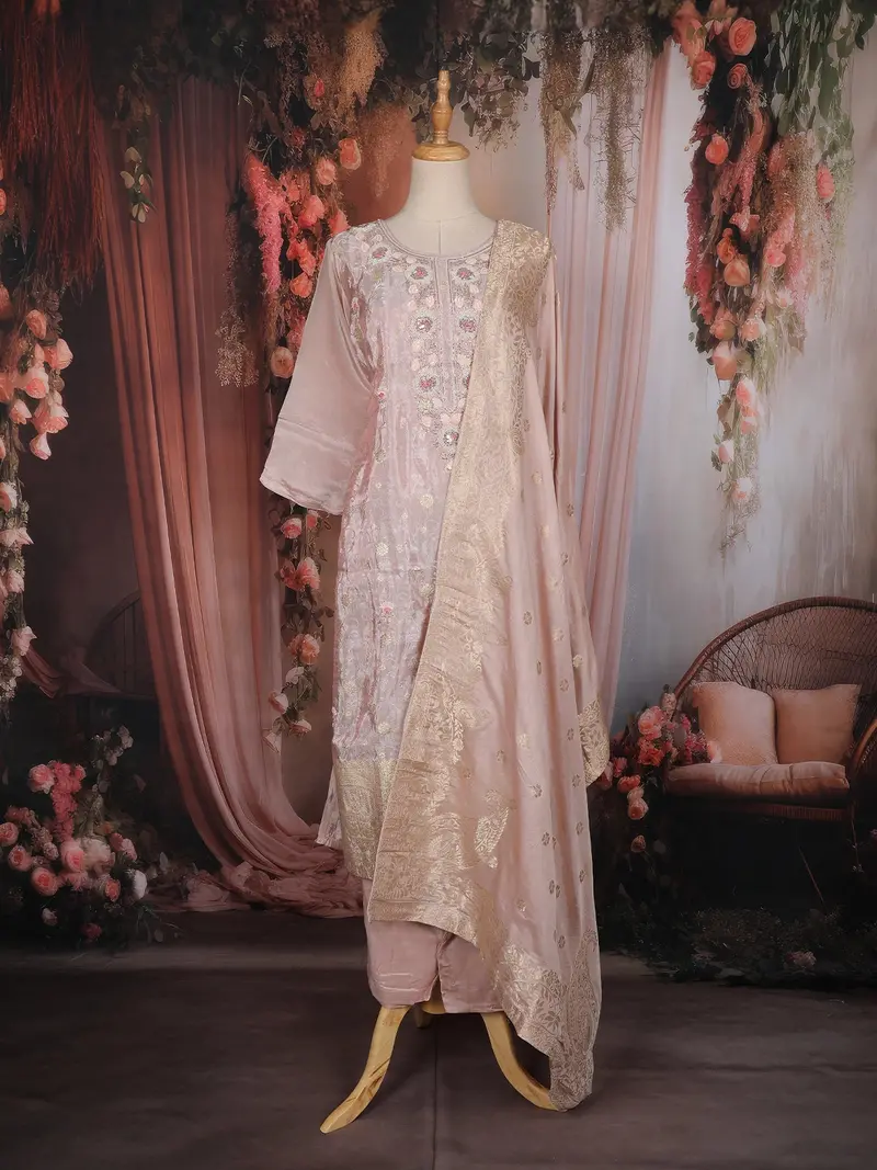 Blush Pink Floral Embroidered Tissue Silk Salwar Suit With Zari Work Dupatta 1