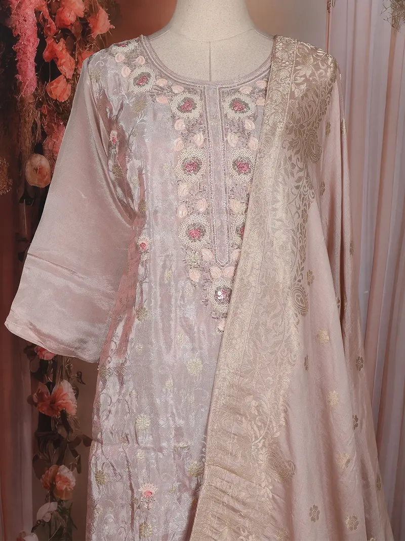 Blush Pink Floral Embroidered Tissue Silk Salwar Suit With Zari Work Dupatta 2