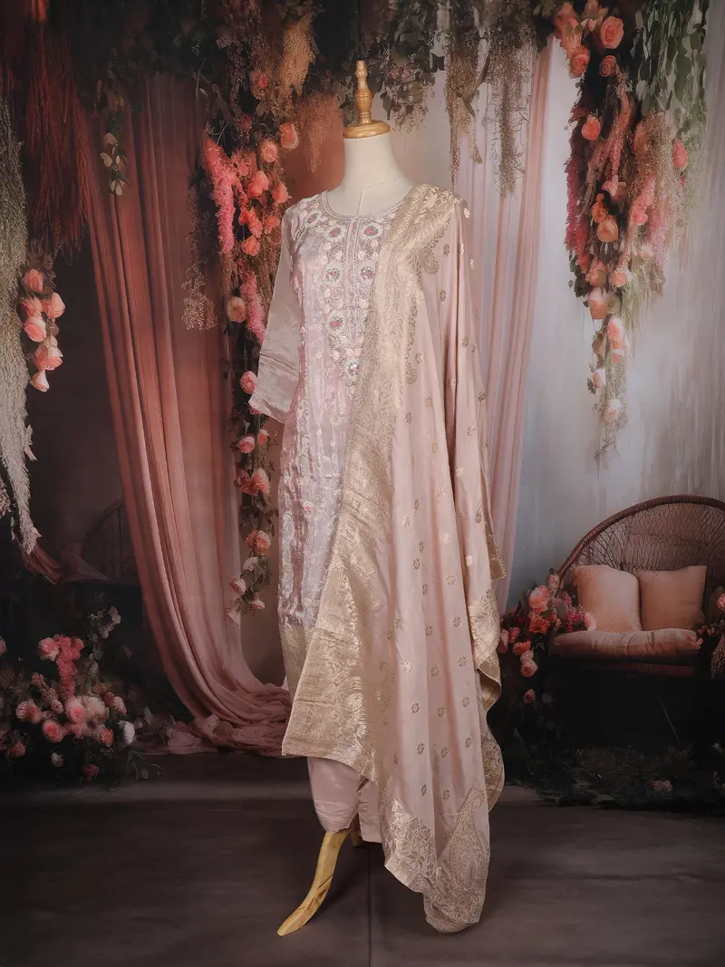Blush Pink Floral Embroidered Tissue Silk Salwar Suit With Zari Work Dupatta 3