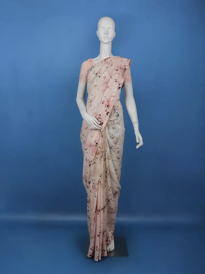 Blush Pink Floral Print Sequin Design Chiffon Saree 1