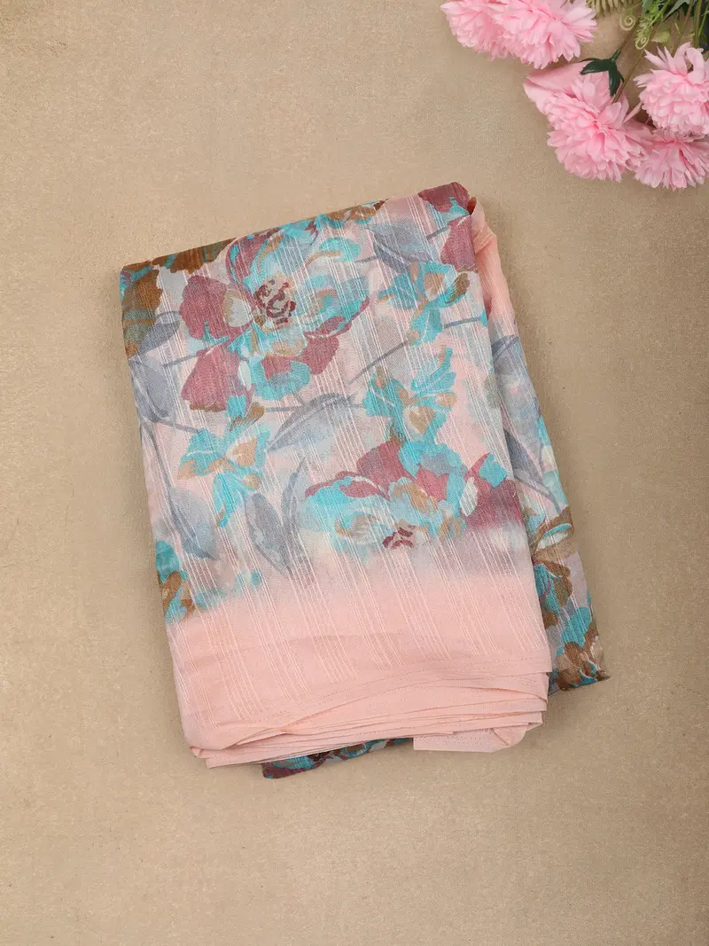 Blush Pink Floral Printed Design Linen Cotton Casual Wear Saree 1
