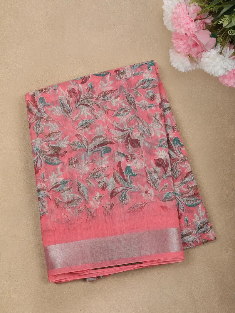 Blush Pink Floral Printed Design Linen Cotton Casual Wear Saree 1