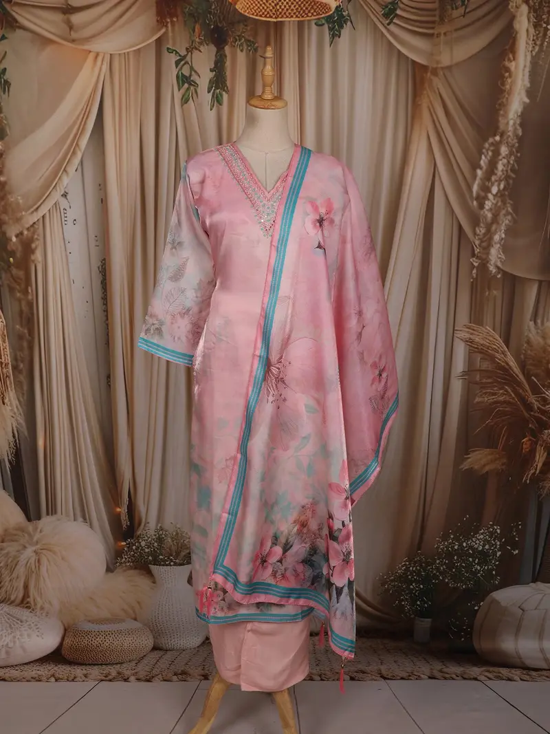 Blush Pink Floral Printed Design Organza Salwar Suit With Dupatta 1