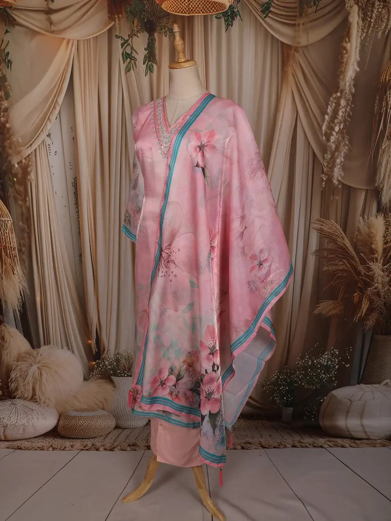 Blush Pink Floral Printed Design Organza Salwar Suit With Dupatta 3