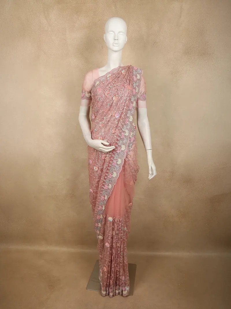 Blush Pink Floral Sequins And Beads Embroidered Design Net Designer Saree With Scalloped Border 1