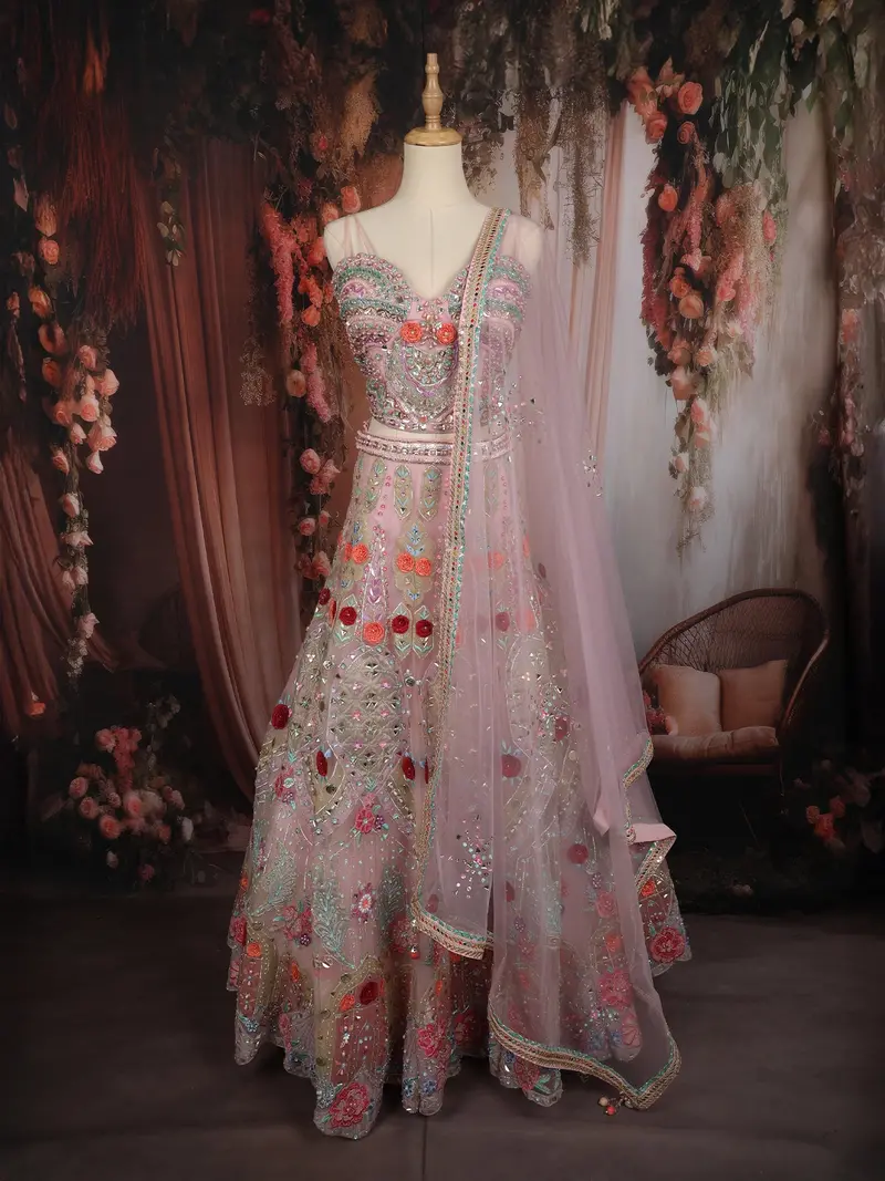 Blush Pink Floral Sequins And Beads Embroidered Design Net Lehenga With Net Dupatta 1