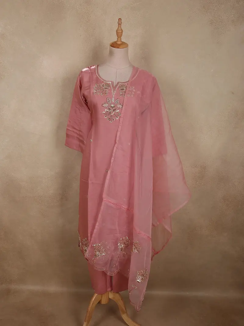 Blush Pink Floral Sequins And Beads Embroidered Design Organza Salwar Suit 1