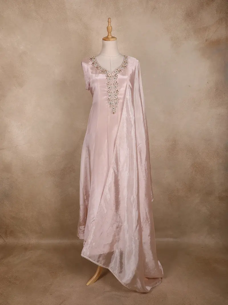 Blush Pink Floral Sequins Embroidered Design Tissue Silk Anarkali Salwar Suit 1