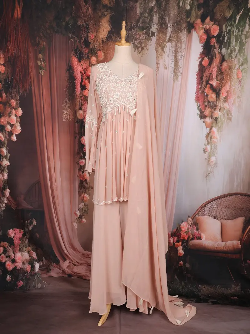 Blush Pink Floral Sequins Embroidered Georgette Palazzo Suit 1