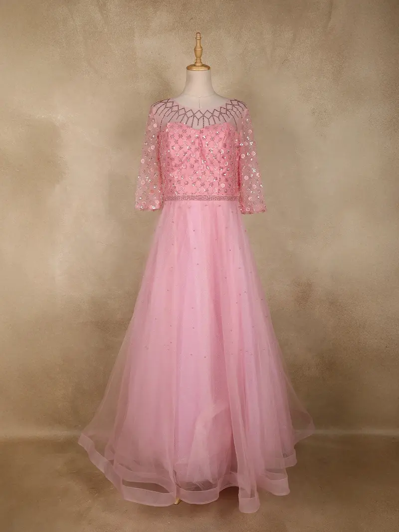 Blush Pink Floral Sequins Embroidered Net Gown 1