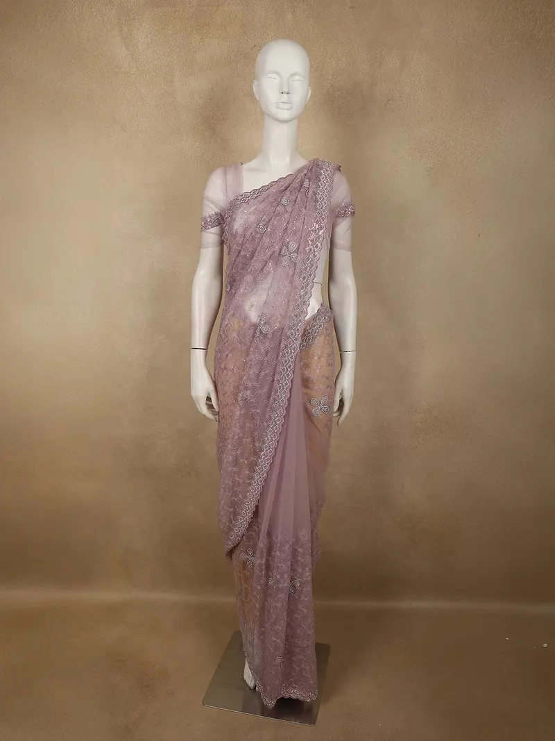 Blush Pink Floral Thread Embroidered Design Net Designer Saree With Designer Border 1