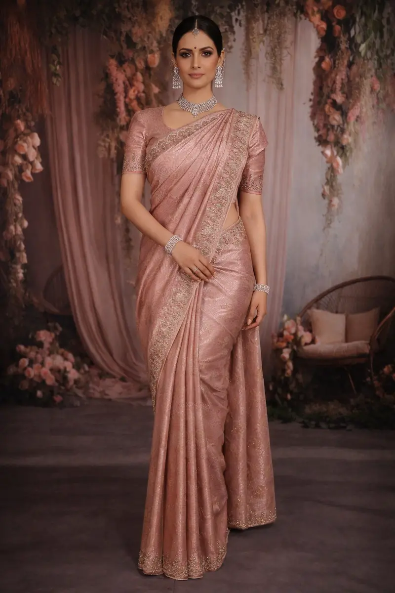 Blush Pink Floral Zari Woven Design Pure Banarasi Silk Saree With Designer Border 1