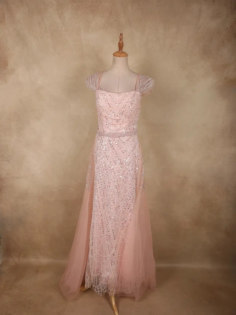 Blush Pink Heavy Sequins And Beads Embroidered Design Floor Length Net Gown 1