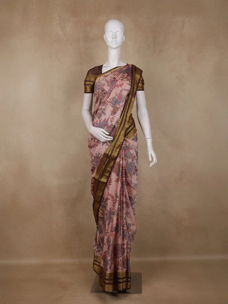Blush Pink Kalamkari Printed Chanderi Cotton Saree With Contrast Brown Border 1