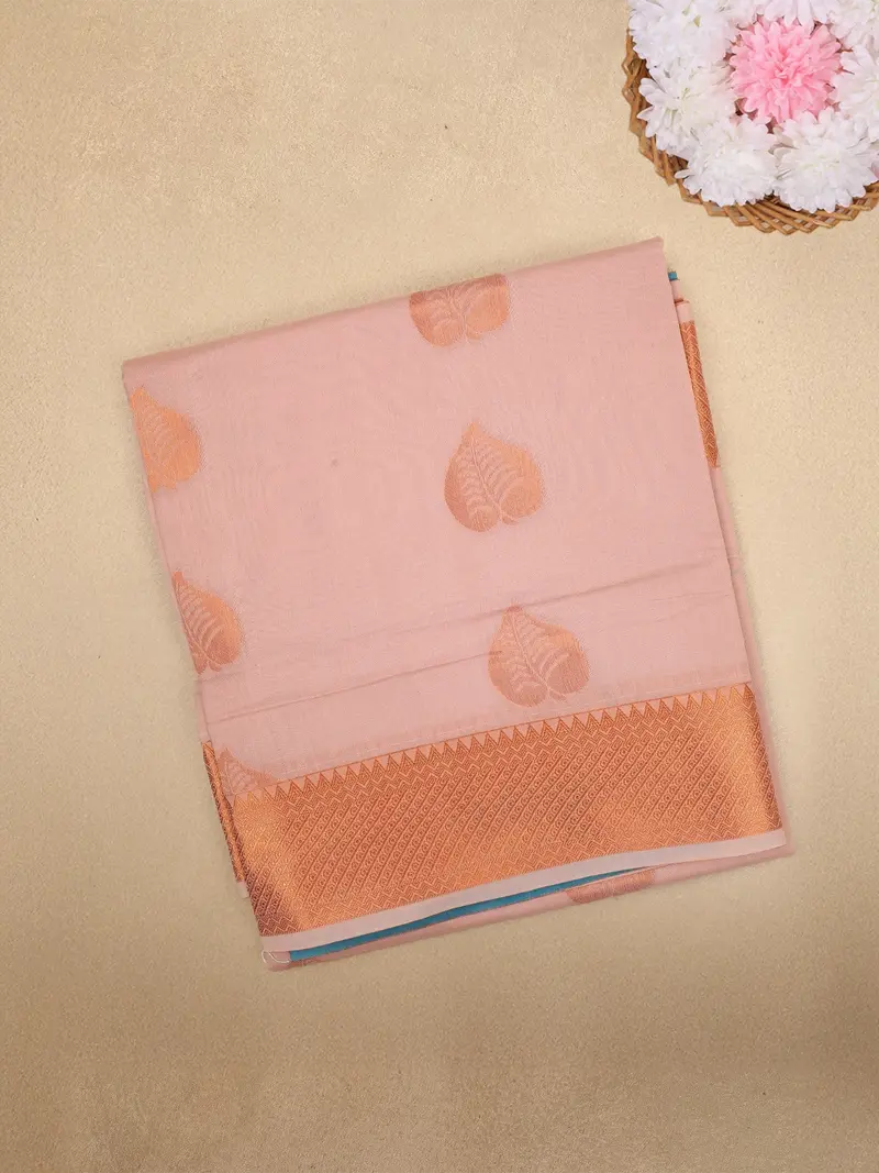 Blush Pink Leaf Butta Design Silk Cotton Saree With Contrast Zari Border 1