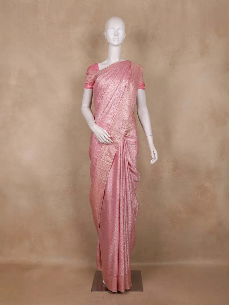 Blush Pink Leaf Motif Woven Banarasi Silk Saree With Sequin Embellished Border 1