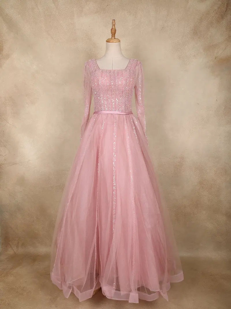 Blush Pink Sequins And Beads Design Net Gown 1