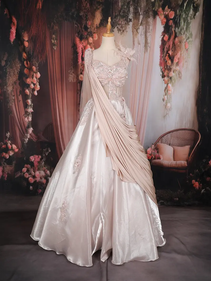 Blush Pink Sequins And Beads Embellished Design Satin Ball Gown With Draped Net Dupatta 1