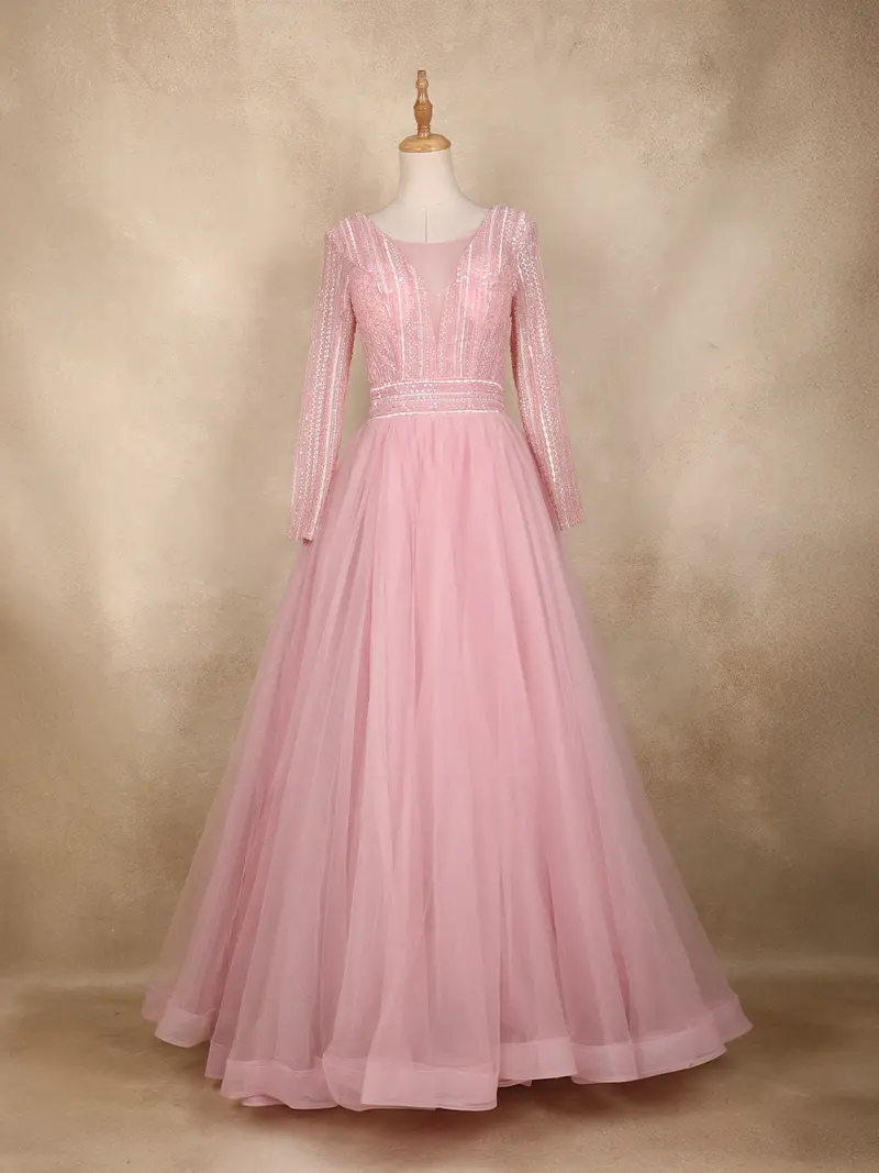 Blush Pink Sequins Design Net Party Wear Gown 1