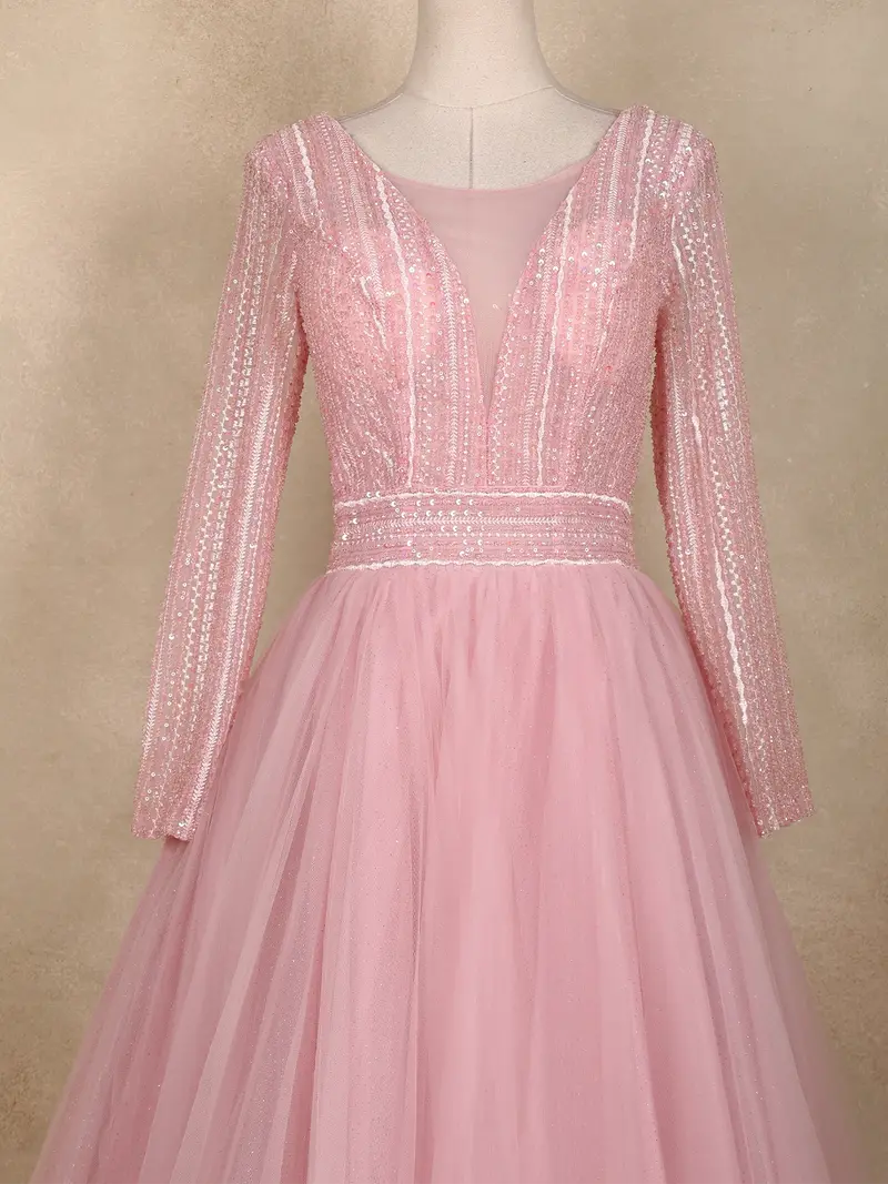 Blush Pink Sequins Design Net Party Wear Gown 2