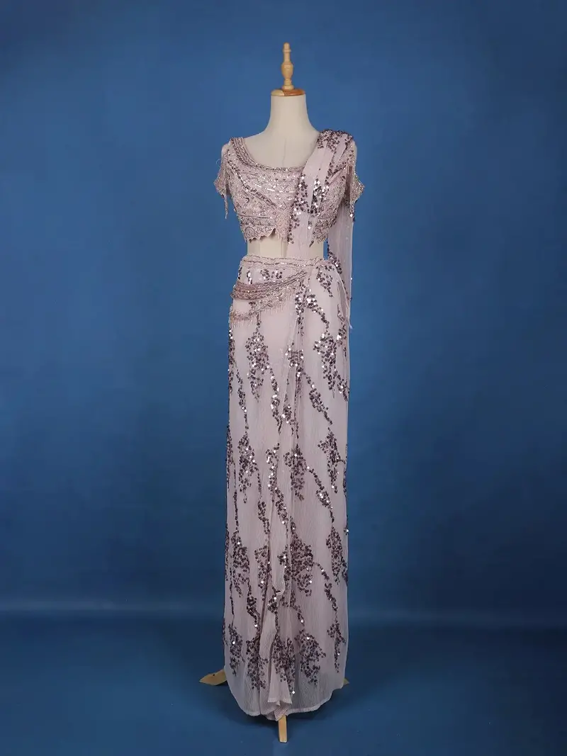 Blush Pink Sequins Design Net Ready To Wear Saree With Designer Blouse 1