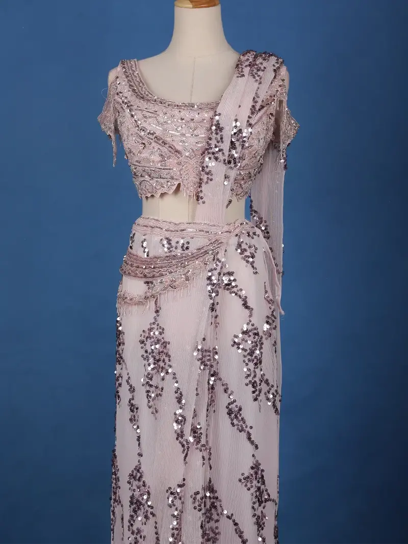 Blush Pink Sequins Design Net Ready To Wear Saree With Designer Blouse 2