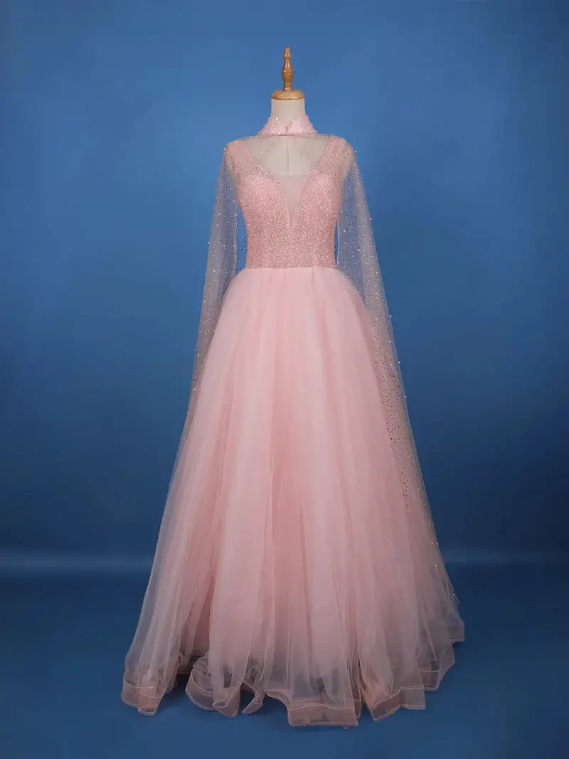 Blush Pink Sequins Designed Net Gown With Pearl Cape Sleeves 1