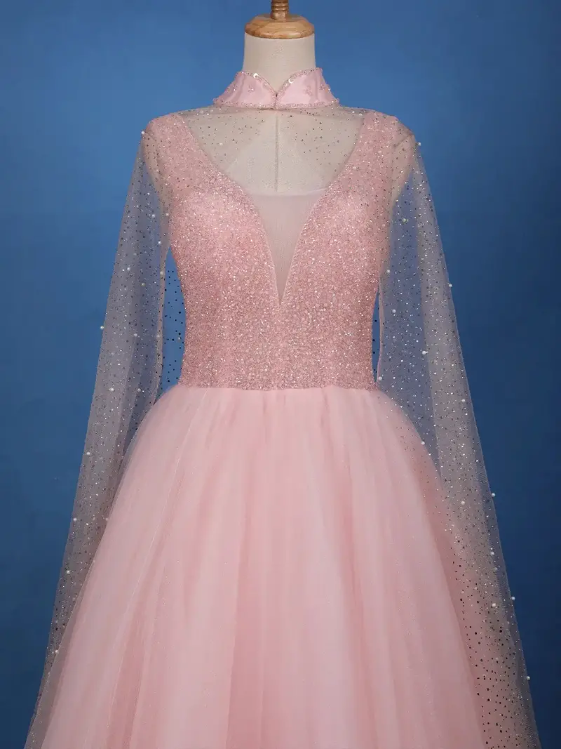 Blush Pink Sequins Designed Net Gown With Pearl Cape Sleeves 2