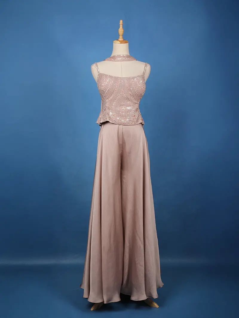 Blush Pink Sequins Embroidered Crepe Palazzo Suit 1